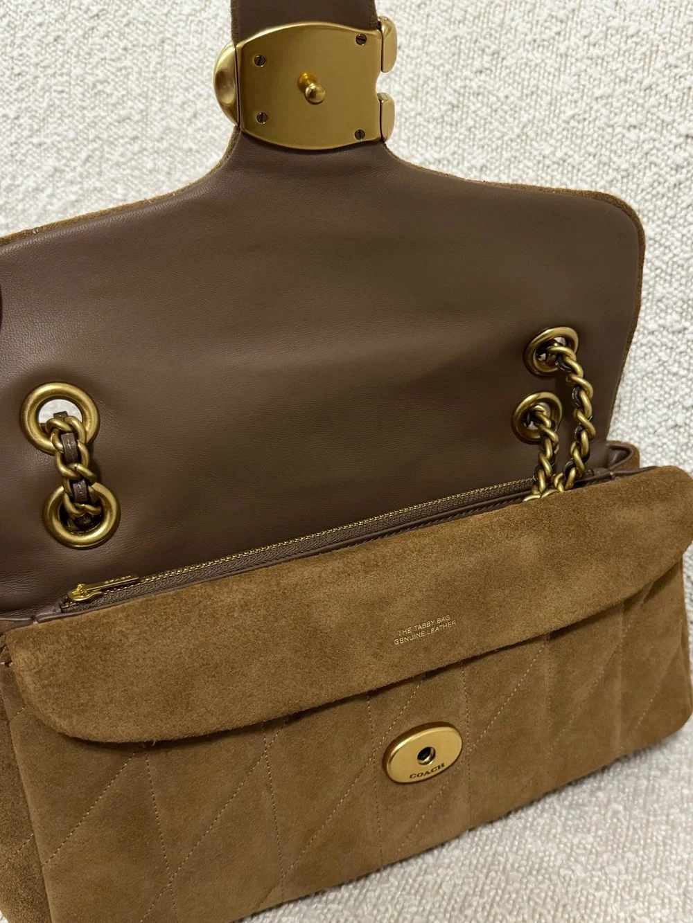 Coach Tabby 26 Shoulder Bag in Cedar Quilted Suede with Gold Hardware